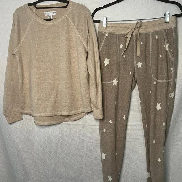 Live Love Lounge 3pc Women Soft Pajamas Long Sleeve Lounge Set Tan Small - 0376 - Picture 2 of 11